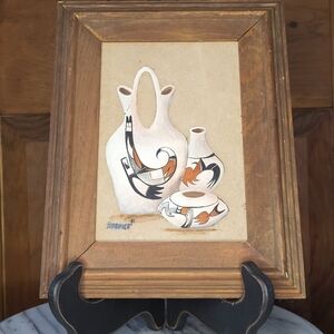 Handcrafted Native Art Framed Painting - Brown and Cream